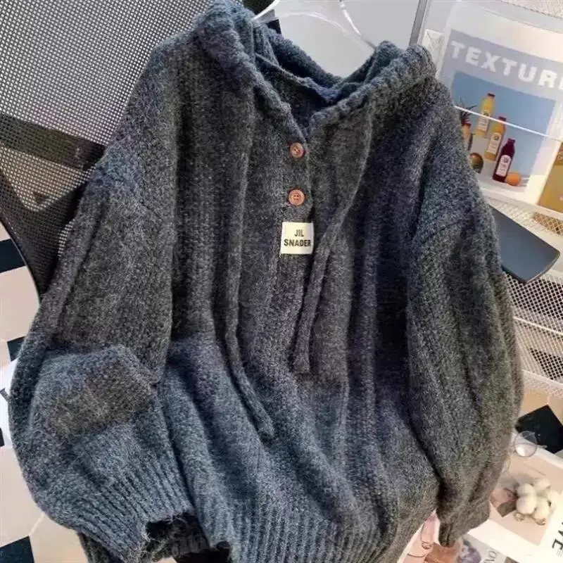 2026 Women Korean Lazy Style Hooded Knit Sweater Soft Thick Drawstring Pullover Top Autumn Winter Fashion Ladies Knit Hoodie