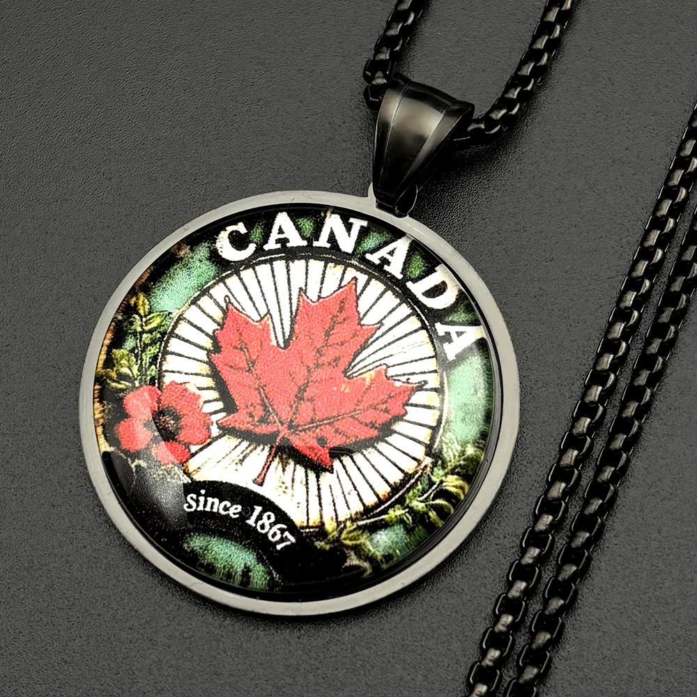 Canada Maple Leaf Pendant Necklace For Women Men Stainless Steel Gold Color Glass Window Peace Culture Flower Chain Jewelry