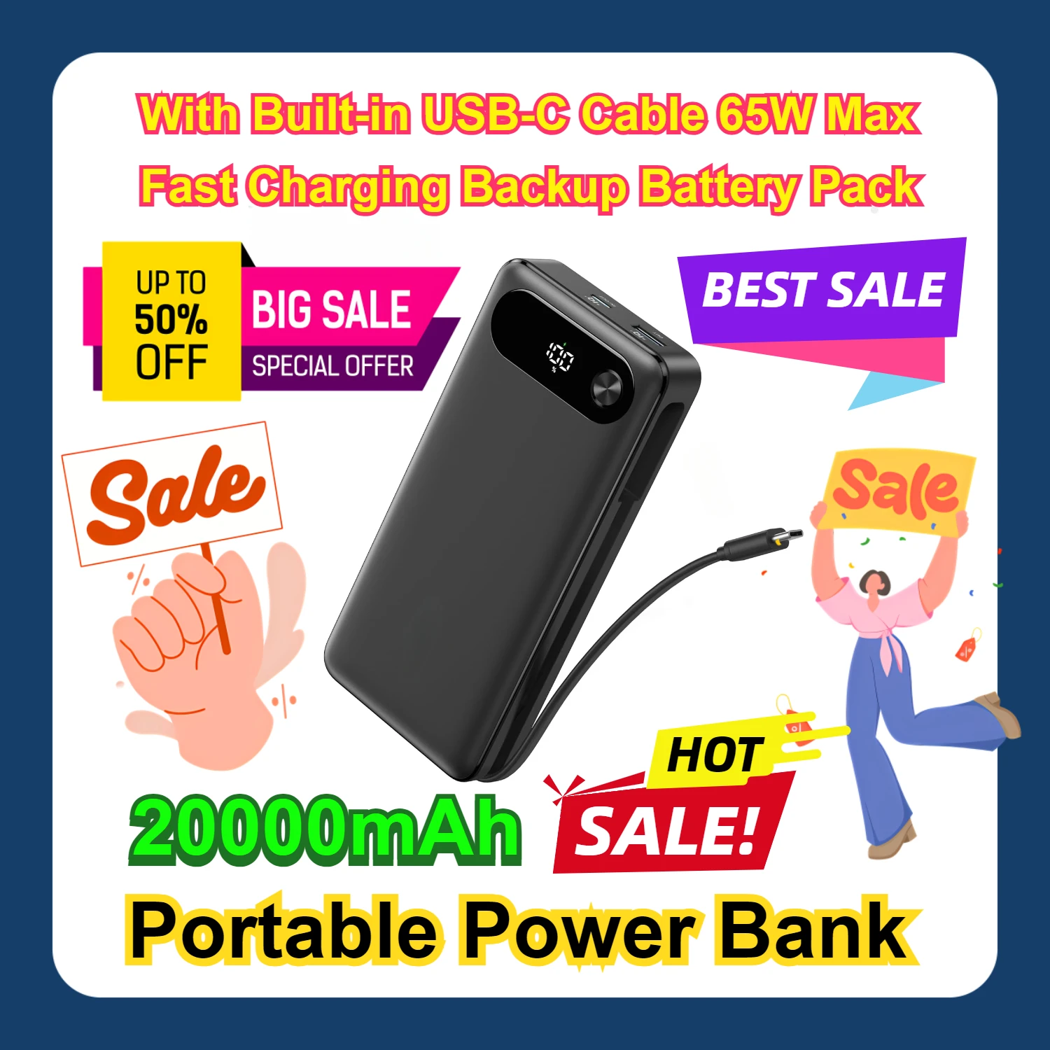 With Built-in USB-C Cable 65W Max Fast Charging Backup Battery Pack A1383 Power Bank 20000mAh Portable