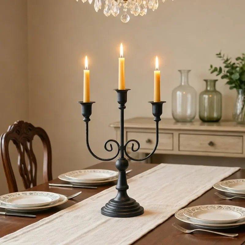 Vintage Metal Candelabra, 3-Arm/3-Cup Candle Holder With Sturdy Base, Wedding Decor Retro Centerpiece For Home Tabletop Ornament