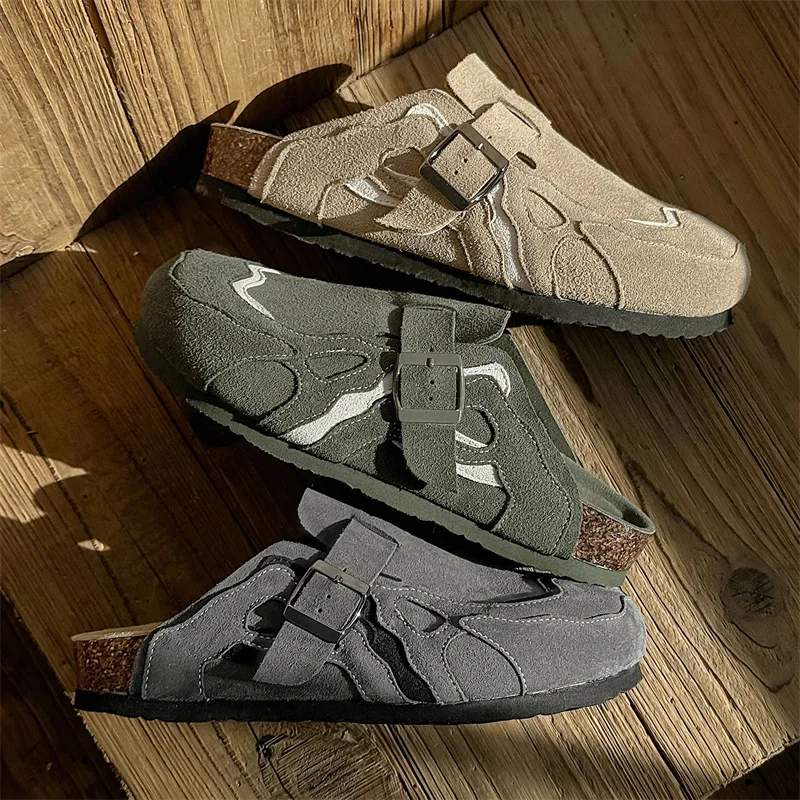 

PU Leather Cork Men Slippers Women Close Toe Home Fashion Vintage shoes with Arch Support Comfort Lightweight Female Footwears