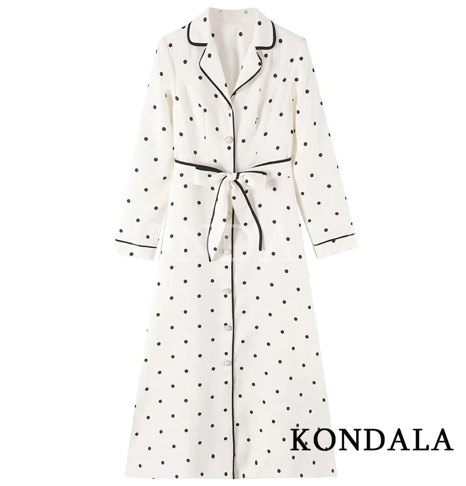 KONDALA Women Fall Elegant Polka Dot Windbreaker Dress Romantic Leisure Faux Pearl Button Belt Dress 2026 Autumn Vintage Dress