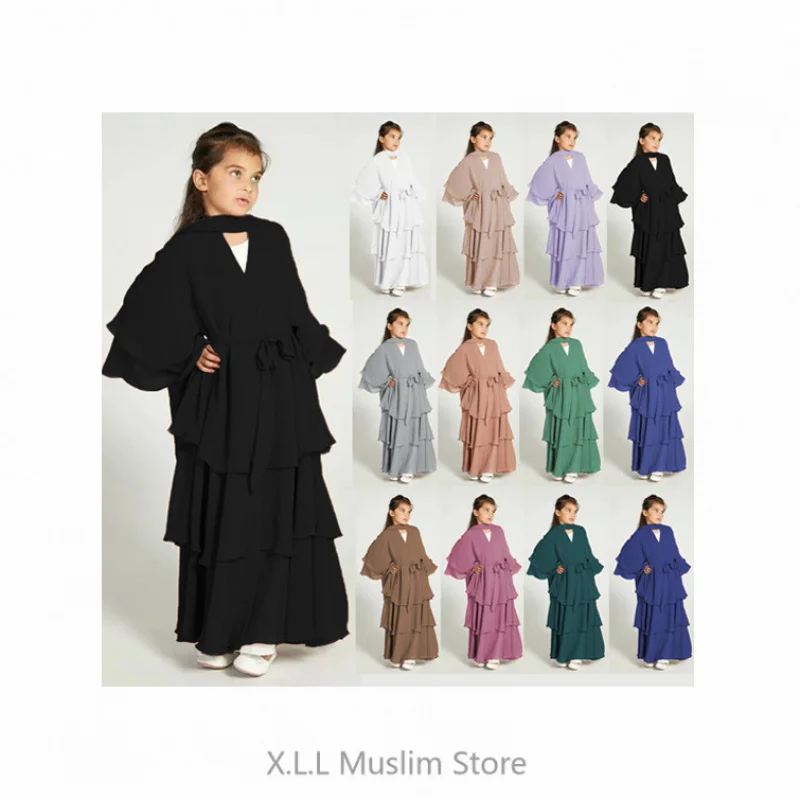 Chiffon Muslim Abaya Kids Abaya Girls Islamic Dresses Prayer Clothing For Children Musulmane Ramadan Kebaya Robe Without Hijab