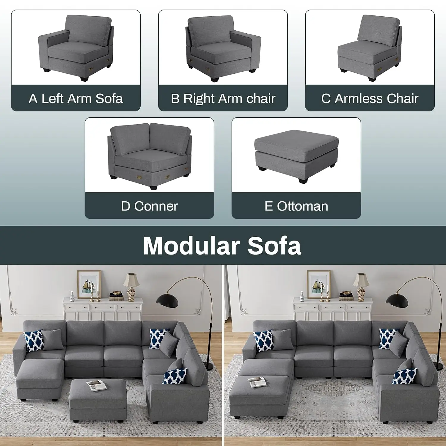 Oversized Modular Sectional Sofa U/L Shaped Reversible Ottoman Deep Seat Plush for Living Room 8 Seater, Customized