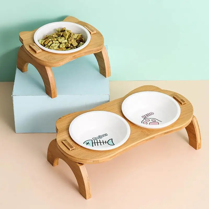 Pet Cat Bowl Food Bowl Dog Bowl Double Bowl Water Bowl Oblique Mouth Wooden Frame High Foot Protection Spine Wooden Frame Double