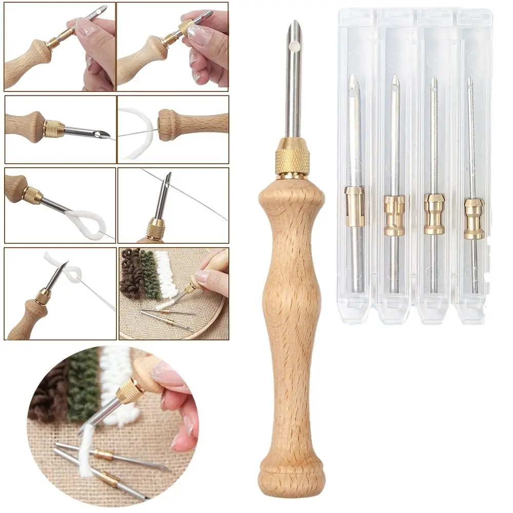 Wooden Handle Embroidery Stitch Pen Adjustable Poking Cross Stitch Tools Punch Needle Tool DIY Craft Stitching Applique