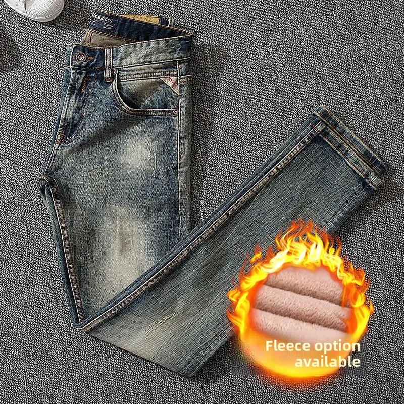 

Мужские джинсы Slim Fit с подкладкой из флиса, утолщенные, осенне-зимние, модные, эластичные, износостойкие, хлопковые, эластичные джинсы