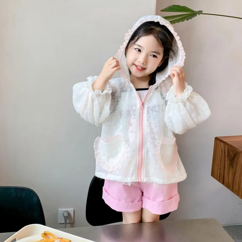 

Girls Summer Thin Sun Pprotection Clothing Children Cute lace Crochet Hooded Casual Jacket Tops y1002