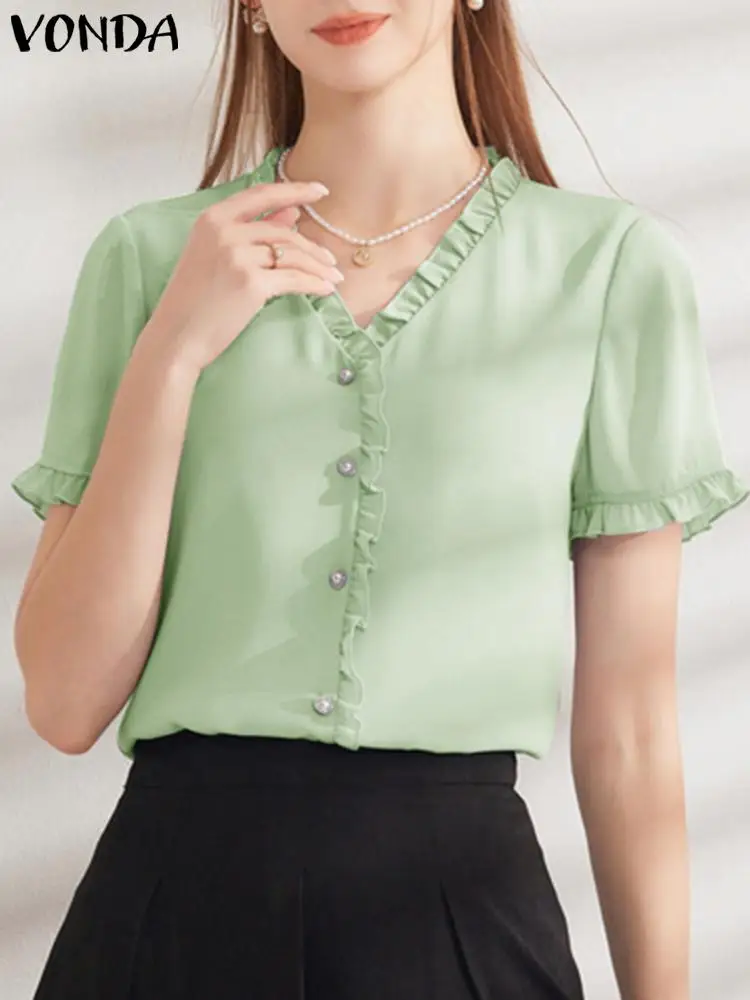 

VONDA 2024 Women Summer Blouses V-Neck Short Sleeve Elegant Office Shirts Casual Solid Color Loose Fashion Tops Ladies Blusas