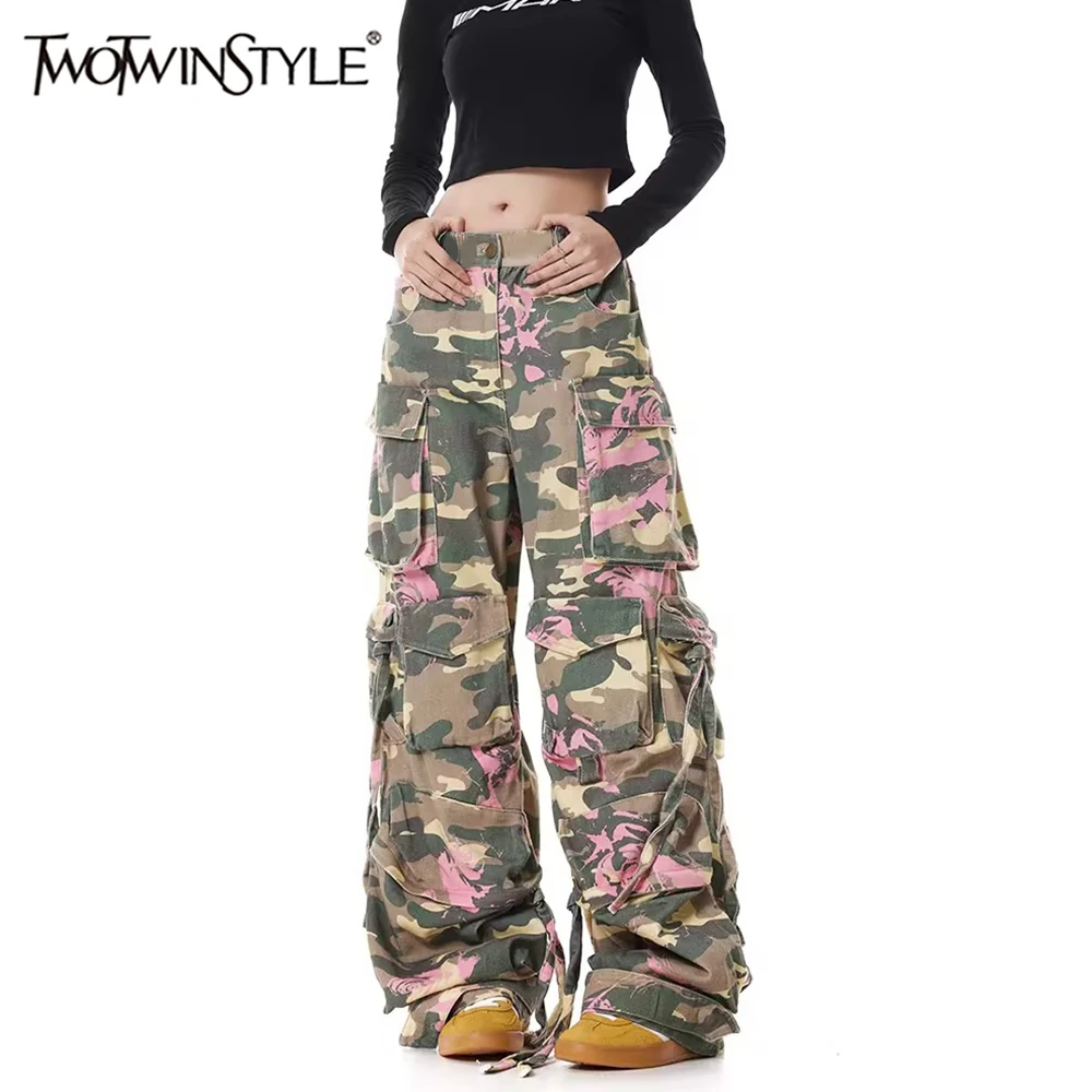 

TWOTWINSTYLE Colorblock Spliced Pockets Pants For Women High Waist Patchwork Lace Up Casual Vintage Camouflage Pant Female Style