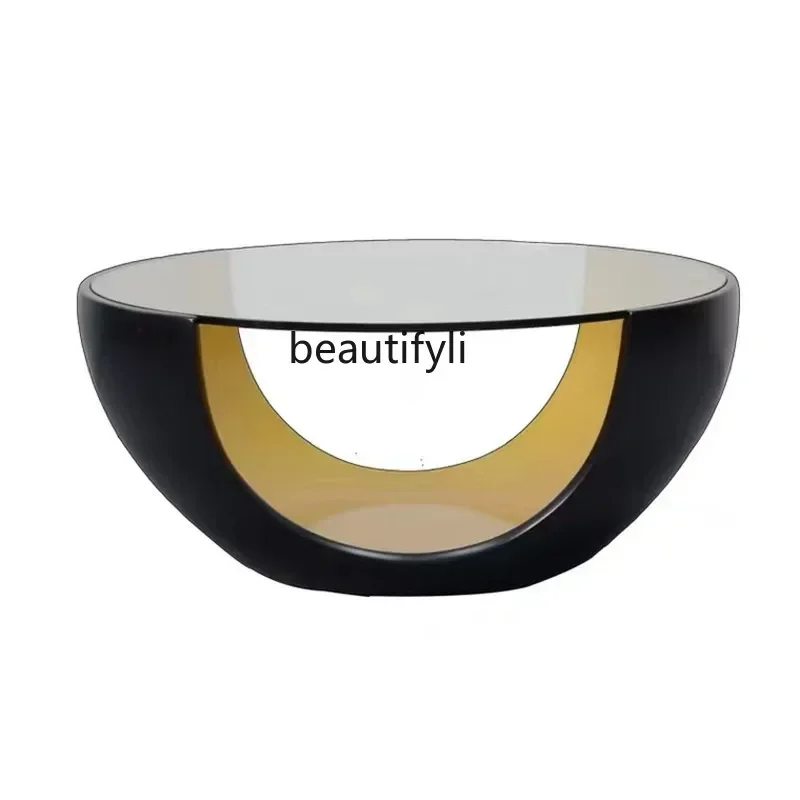 

Designer transparent glass countertop round coffee table FRP paint special-shaped living room storage tableAA