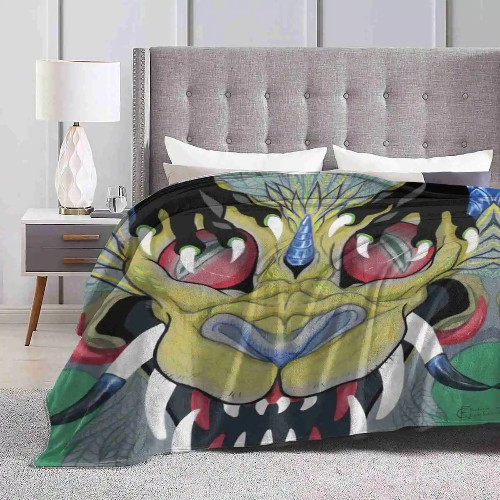 Growl New Print Novelty Fashion Soft Warm Blanket Creature Teeth Fangs Tusks Colors Green Yellow Blue Red Black White Claws