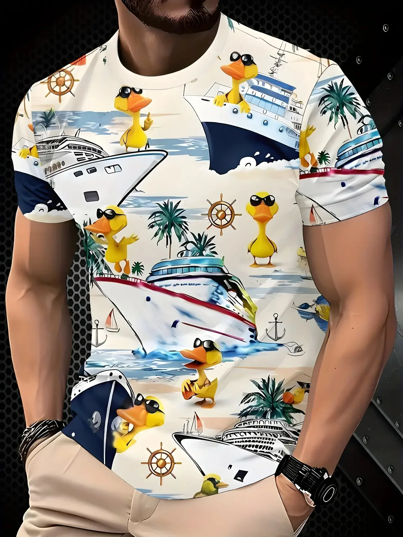 Men's Summer Beach Yellow Duck Cruise Ship 3D Print T Shirt O Neck Short Sleeve Casual Nautical Graphic Tee