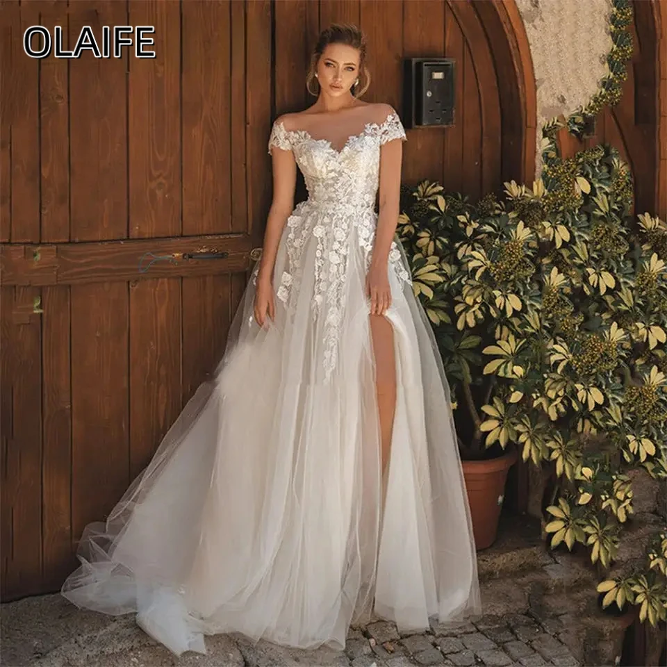 

Olaife Boho Wedding Dresses For Women Tulle Lace Applique 3D Flower High Slit Sexy Bridal Robe De Mariée Vestidos Novia