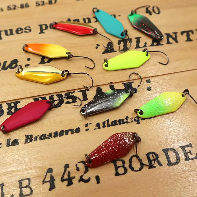 Microobjeto rómbico, corriente de cobre puro, gancho único con lentejuelas, 3,2 cm, 3g, trucha arcoíris de agua dulce, cabeza de acero, salmón, volteado