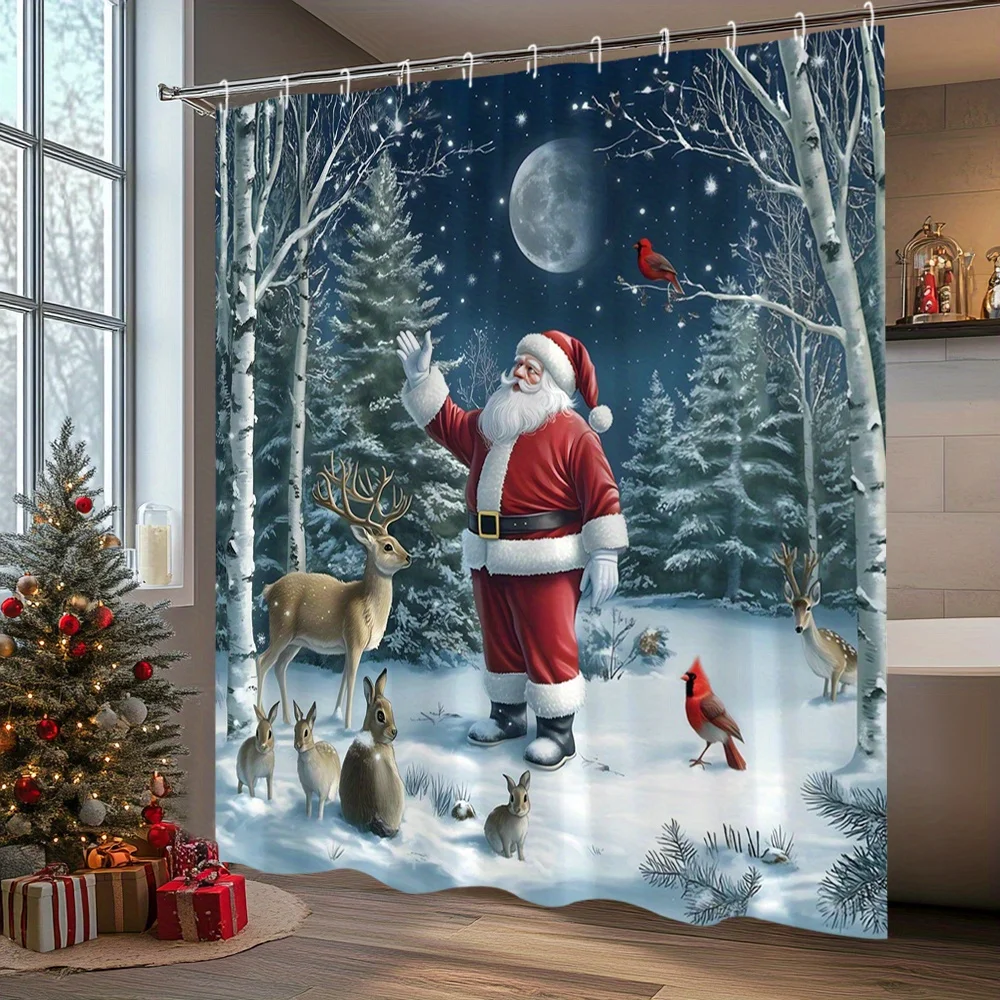 1pc Christmas Shower Curtain, Santa Deer Rabbit Cardinal Winter Landscape, With 12 Hooks, Bathroom Decor