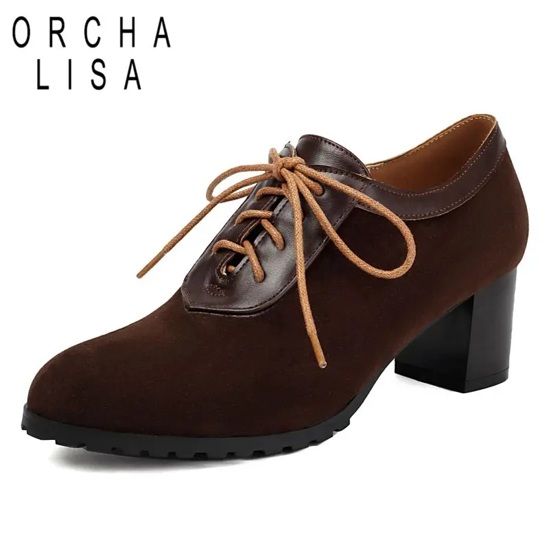 ORCHALISA 2024 New Office Lady Pumps Round Toe Block Heels 5.5cm Lace Up Flock Suede Plus Size 41 42 43 Mature Daily Women Shoes