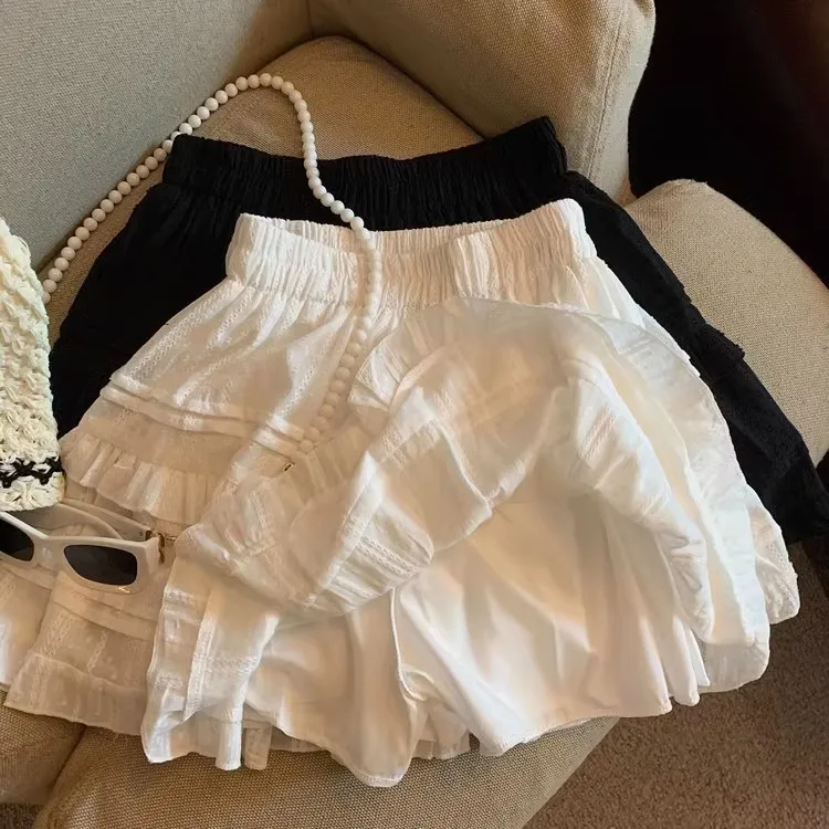 

Women's Solid Pleated Mini Skirts Spring Summer Simple High Elastic Waist Ruffles Skirt For Woman All-Match Tulle A-Line Skirts
