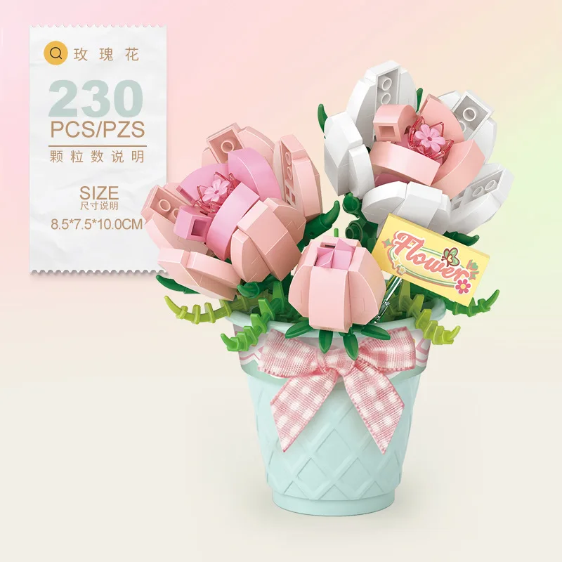 MOC CUTE Bouquet Flowers Succulent Flowerpot Plant Snow Lotus Rose Lily Model Building Blocks Sets Bricks Toy City