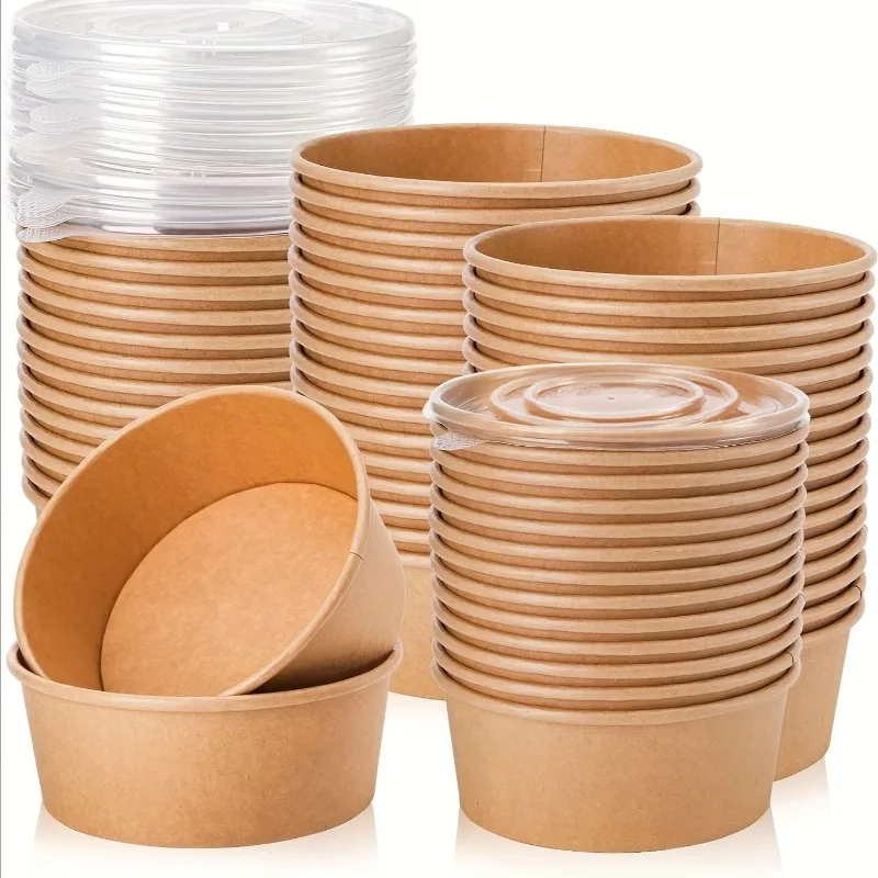 10/20PCS Disposable Covered Kraft Paper Bowl Fruit Salad Picnic Bento Takeaway Kitchen Packaging Box Circular Food Container