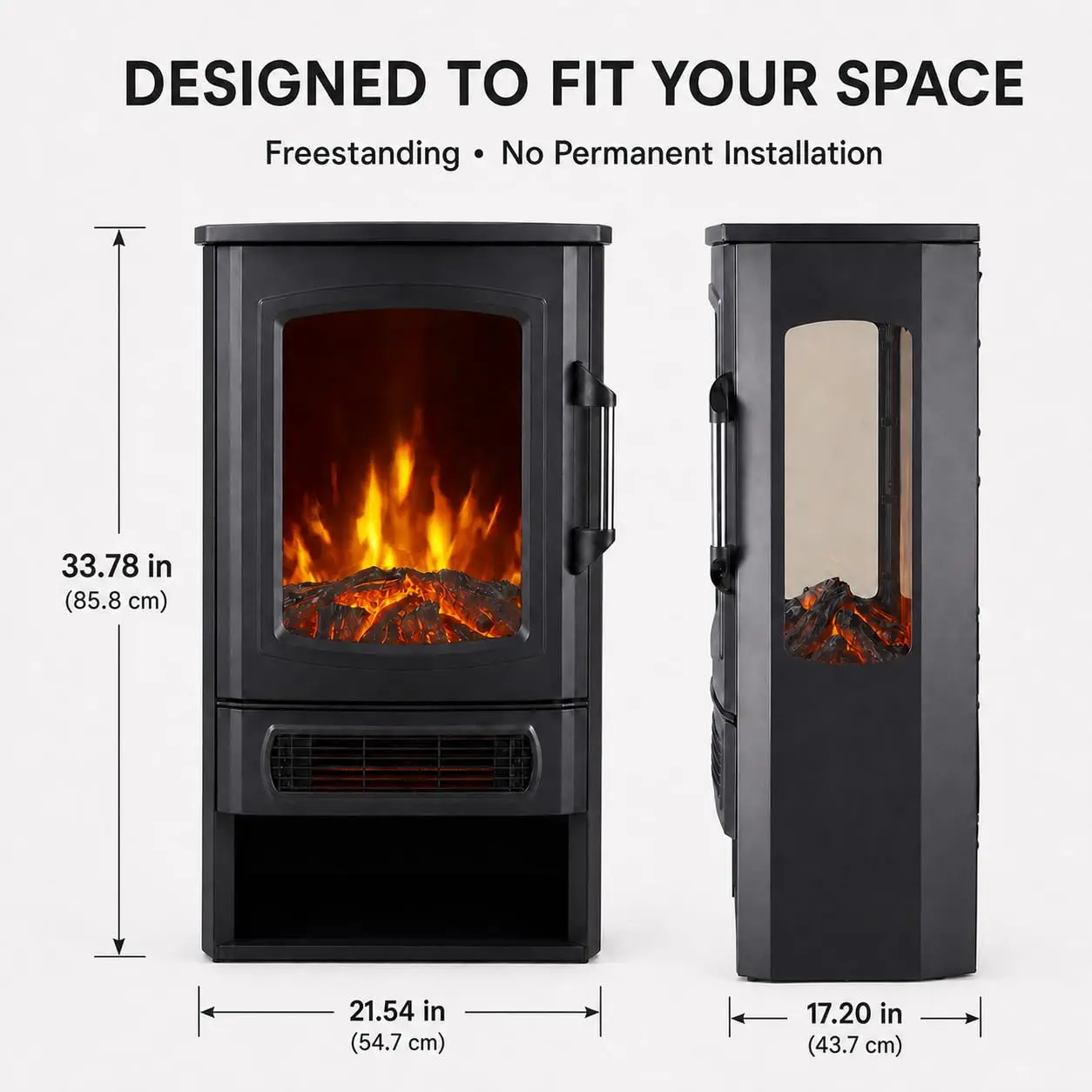 3-Sided Electric Fireplace with Dual Heat Settings, LED Flame Effect – Freestanding Portable Space Heater for Bedroom & Living Room, No Installation Required – Black