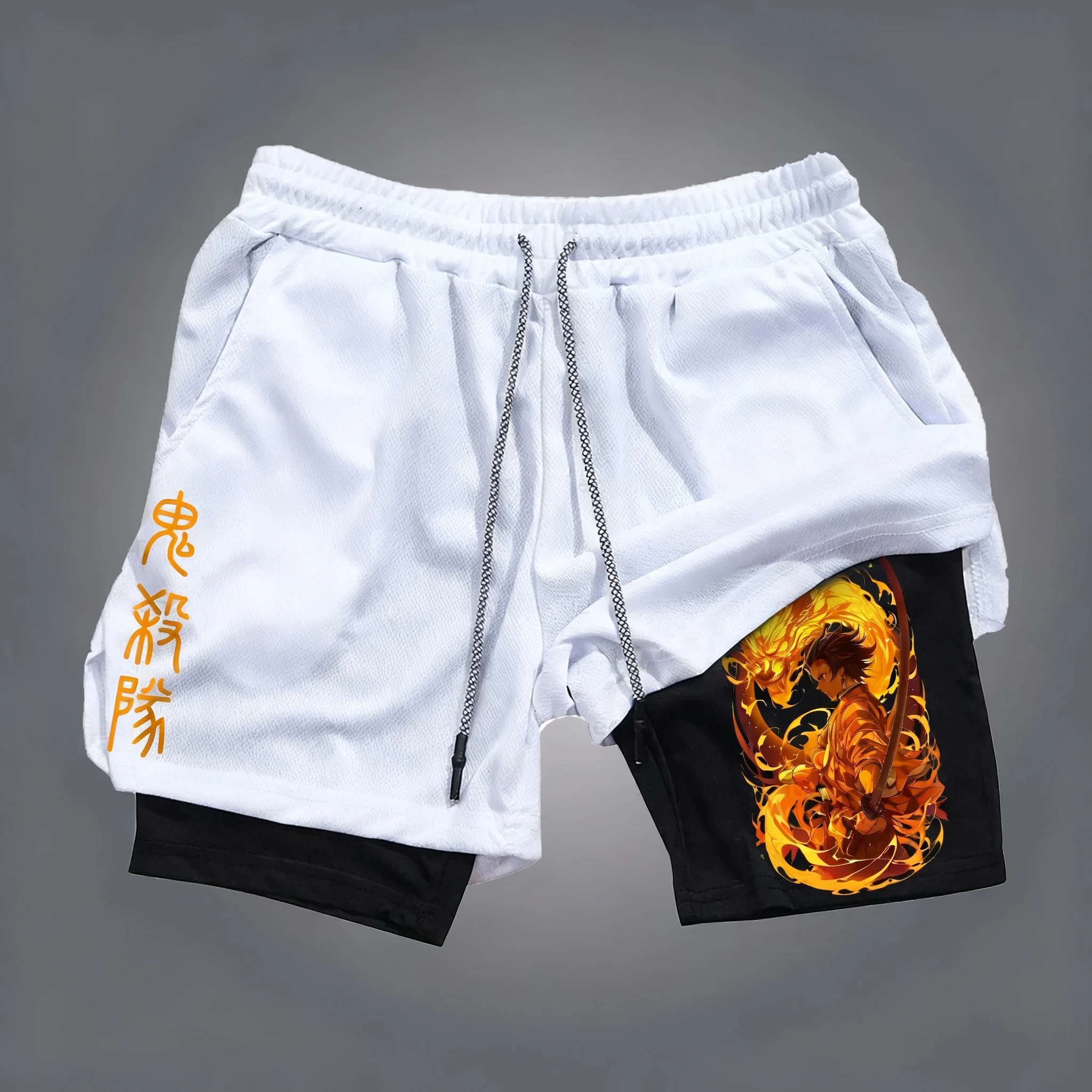 Pantalones cortos de doble capa con estampado de anime Demon Slayer, pantalones cortos deportivos americanos de verano para fitness, sueltos y de moda para hombres y mujeres