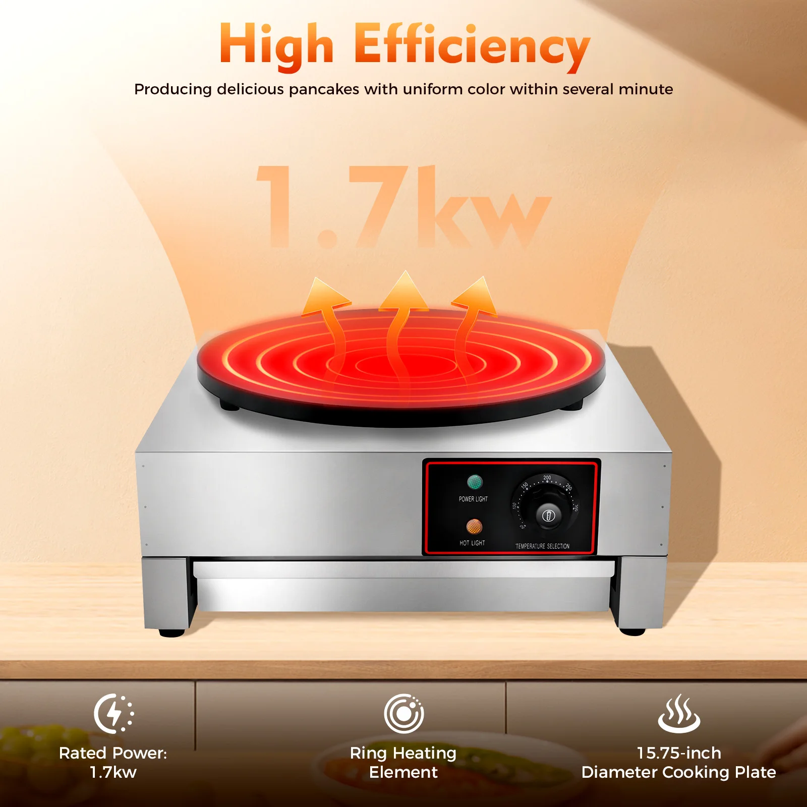 1.7kW 110V Electric Pancake Maker, 15.75 Inch Non-Stick Crepe Pan With Adjustable Temperature 50-300°C, Commercial Crepe Griddle With Spatula, US Plug