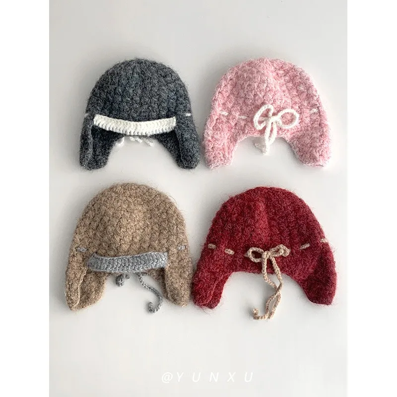Korean Niche Hand-crocheted Ear Protector Short Brim Wool Beanie Cap Japanese Style Crochet Knitted Bomber Hat Flying Hat