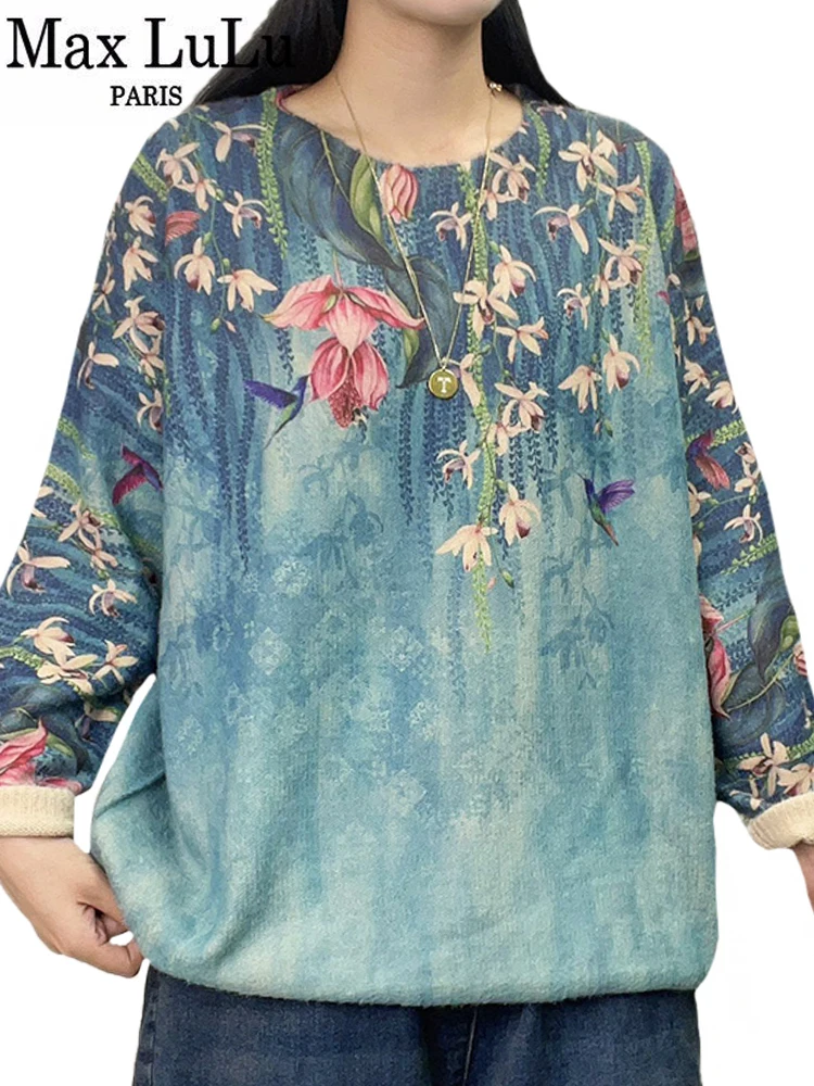 Max lulu marca coreano moda pulôver das mulheres inverno de luxo floral quente suéteres senhoras solto impresso casual oversized jumpers