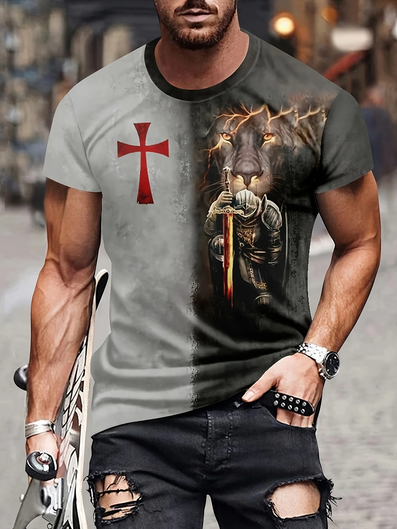 2026 new hot selling men's breathable soft quick drying knight lion print 3D color gradient hip-hop casual round neck T-shirt