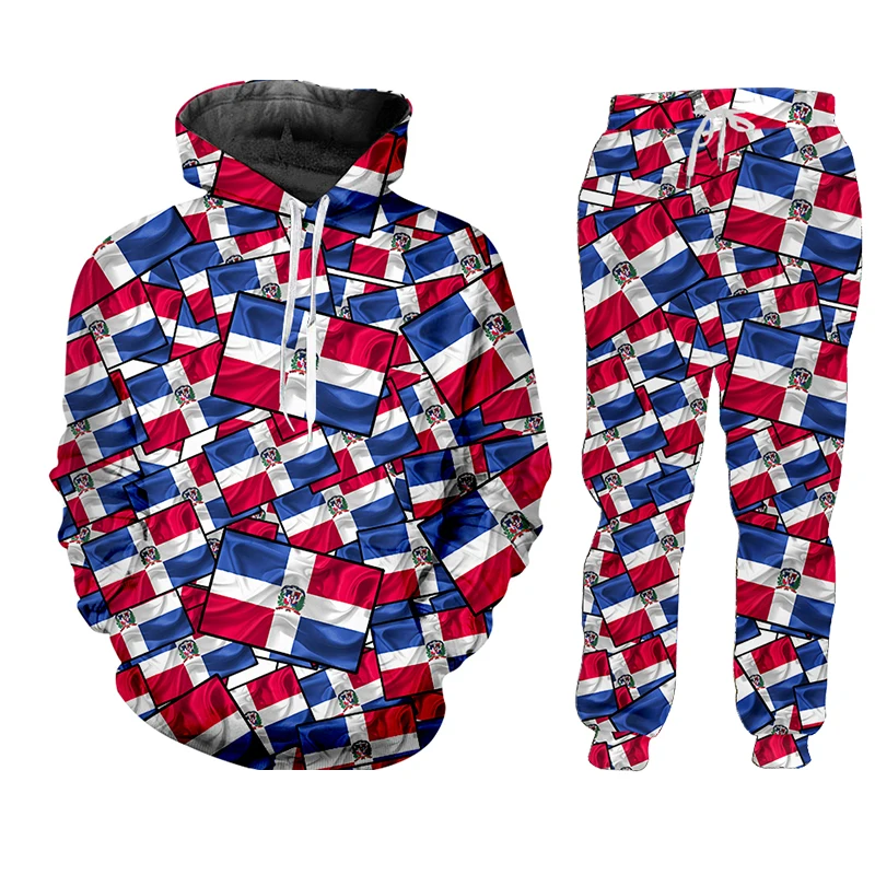Dominican Republic National Flag Tracksuit Men Sweatshirt Sweatpants Outfit Oversized Shirt Dropship Casual Outfit Wholesale