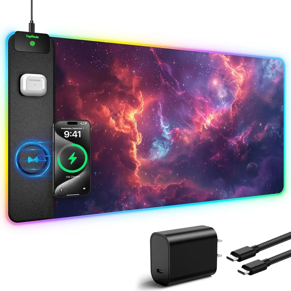 

RGB-Illuminated Wireless Charging Mouse Pad, 31.5x15.8 inches, Galaxy Nebula Design, with 20W Adapter & Cable