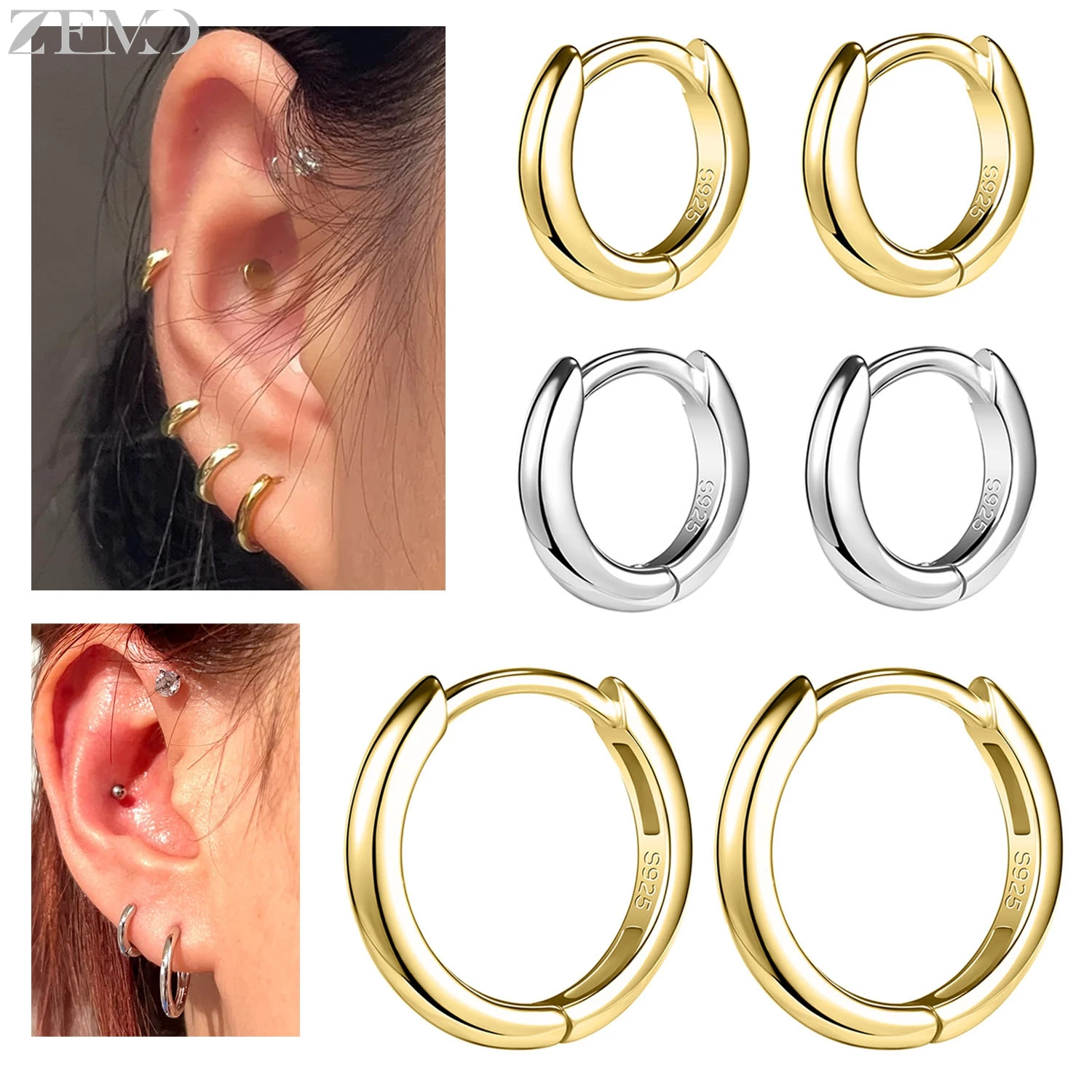 ZEMO 1 PC 20G 925 Sterling Silver Hoop Earrings Women Men 2 Colors Ear Cartilage Conch Helix Piercing Jewelry 4/5/6/7/8/9/10MM