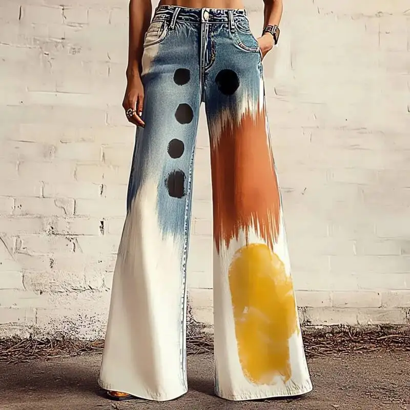 กางเกงแฟชั่นพิมพ์ลาย 3 มิติ สไตล์เรโทร ปี 2025 เอวสูง ทรงหลวม ขากว้าง สำหรับผู้หญิง สไตล์ฮาราจูกุ เหมาะสำหรับฤดูใบไม้ผลิและฤดูร้อน