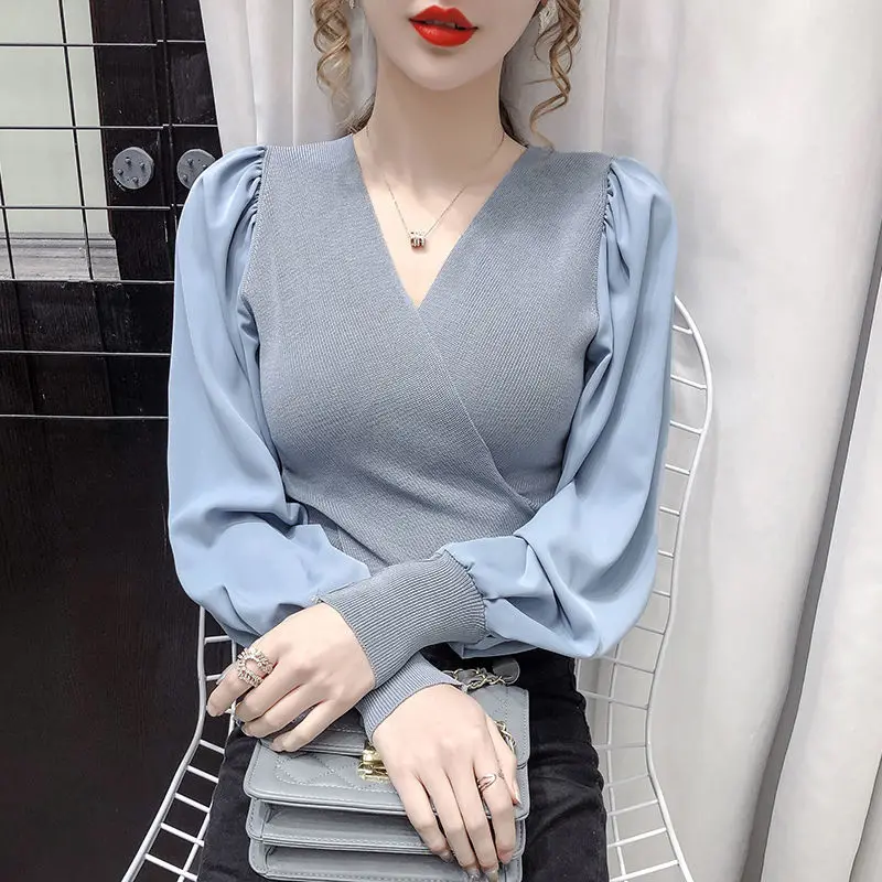 

2022 Autumn Temperament Patchwork Hollow Out V-neck Lantern Sleeve Pullovers Women Clothing Simplicity Irregular Knitting Tops