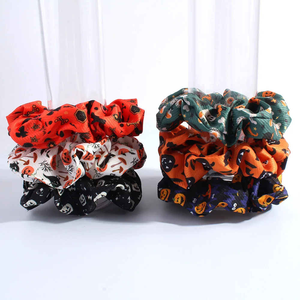 Spooky Halloween Pattern Scrunchies Pumpkin Ghost Print Hair Ties Festive Autumn Carnival Celebration Costume Hair Ornament