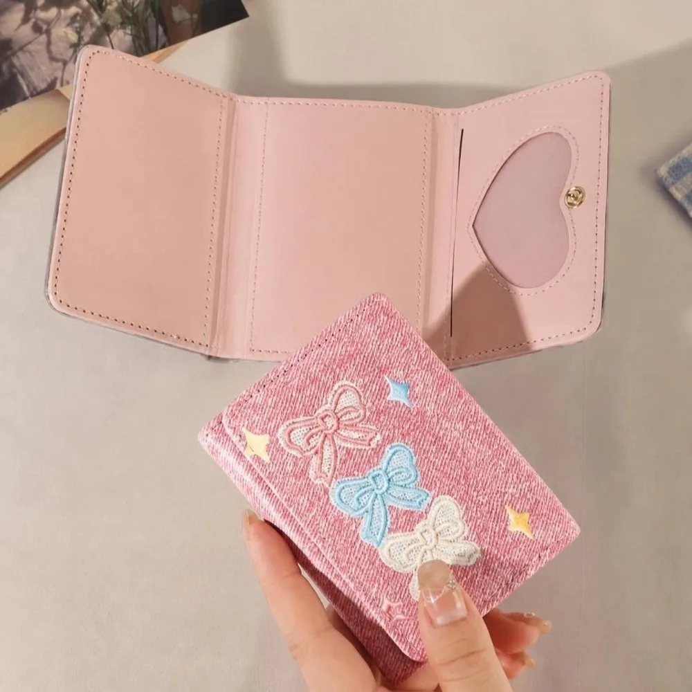 Fashion Embroidery Short Wallet Multi Card Slot Lightweight Card Holder Denim Texture Foldable Wallet Women