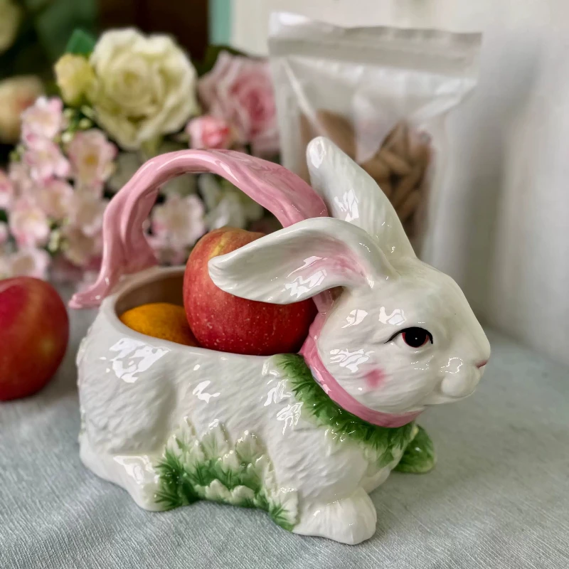 Underglaze Ceramic Rabbit Serving Basket with Handle Decorative Fruit Snack Tote for Table Rustic Floral Candies Storage Baskets