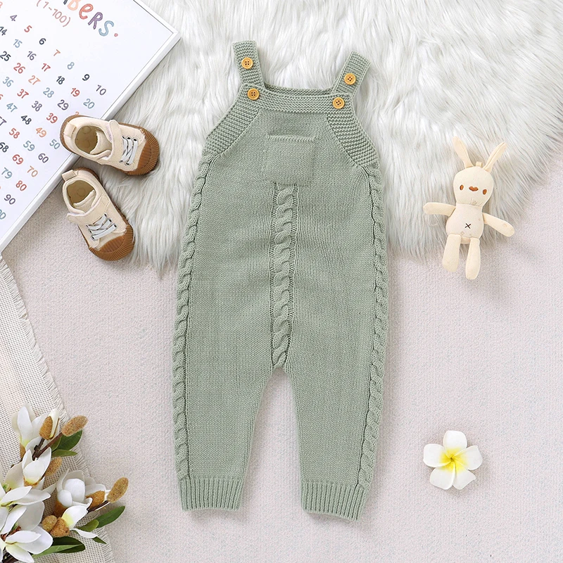 Newborn Baby Romper Knitted Infant Boy Jumpsuit Sleeveless Autumn Toddler Kid Sling Clothing Fashion Solid Pocket 0-18M Overalls