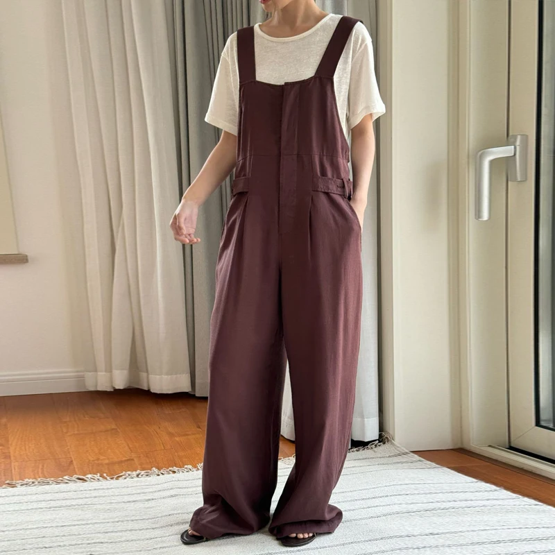 

Johnature Summer New Korean Linen Bib Loose Wide-leg Casual Mop Jumpsuit Women 2024 New Casual Sleeveless Simple Bodysuits