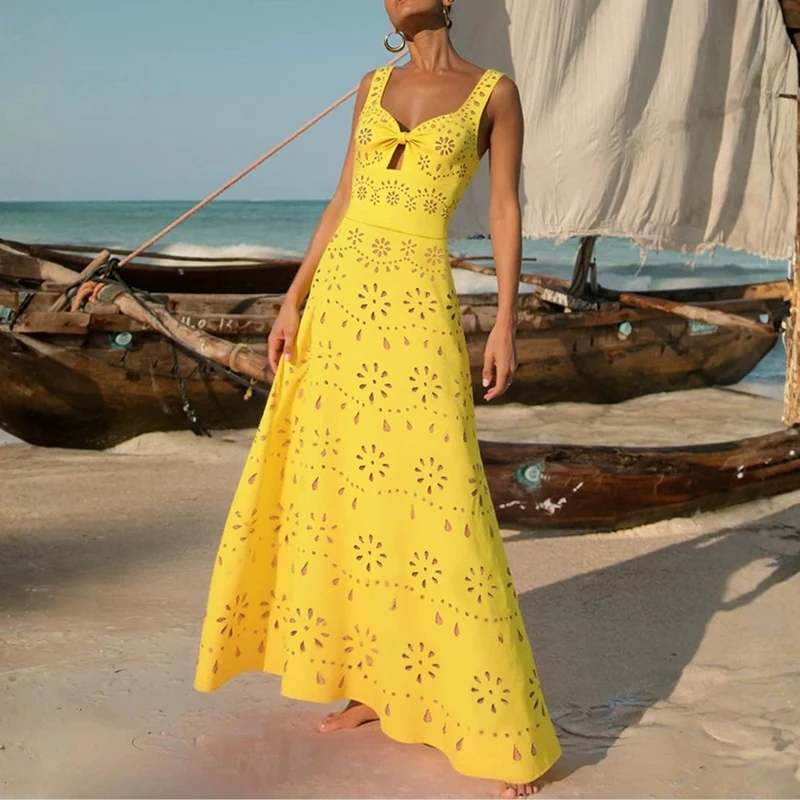 

Bohemian Style Sleeveless Halter Bodysuits Bikini 2pc Set Summer Sleeveless Halter Tops&Half Skirts Beach Sets Casual Hollow Set