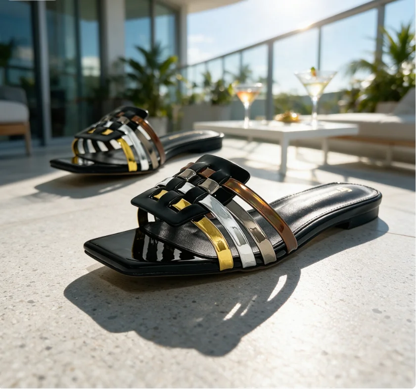 Sandales plates d'été pour femmes, mules de luxe, chaussures de créateur, pour l'extérieur et la plage, Zapatos De Mujer, Taille 43 44