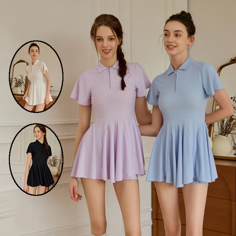 Women Short Sleeve Tennis Dress Polo Summer Golf Dresses with Inner Short Ladies Quick-dry Ruffle Yoga Outfit New Arrival Skirts