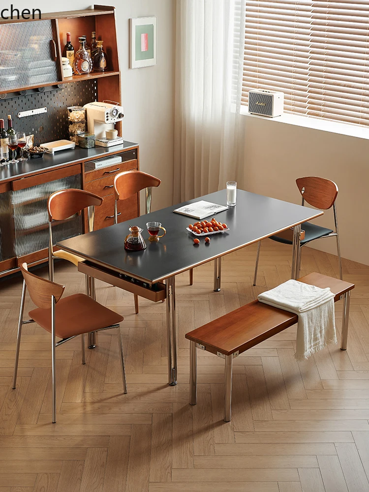 LXC Dining Table and Chair Set Long Dining Table Solid Wood Small Apartment Home Dining Living Room Large Desk