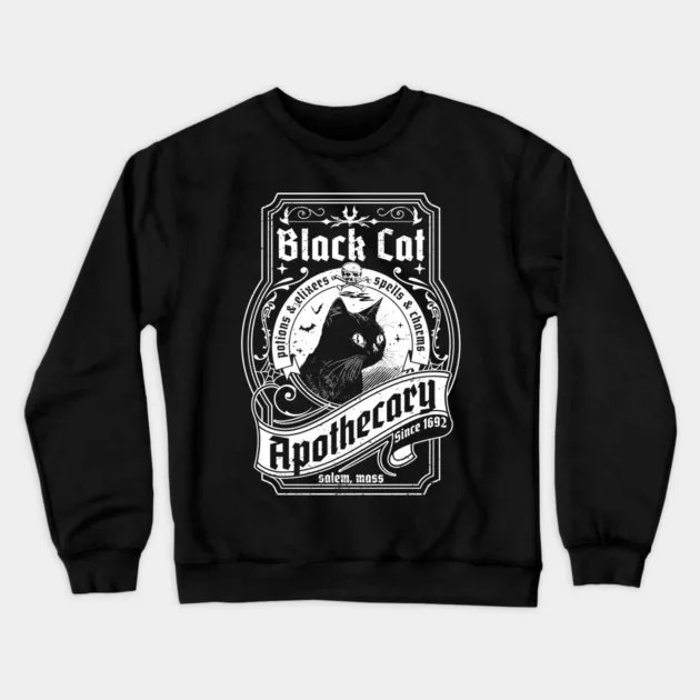 

Autumn and Winter Vintage Black Cat Tribute Sweatshirt, "Apothecary Cat Graphic" for A Trendy Look