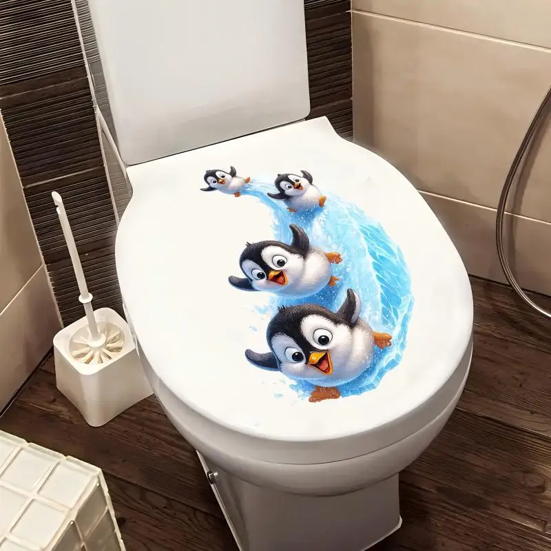 ~Cute Sliding Penguins Toilet Decoration Sticker Waterproof Self-Adhesive Bathroom Home Wall Decal
