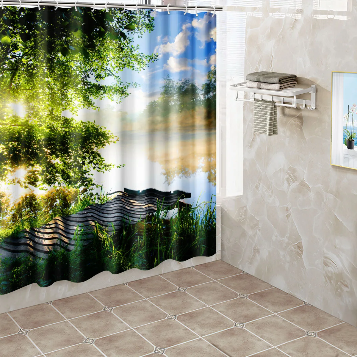 1pc Lake Sunshine Shower Curtain Bathroom Partition Decorative Curtain Machine Washable Green Plant Print Window Privacy Curtain