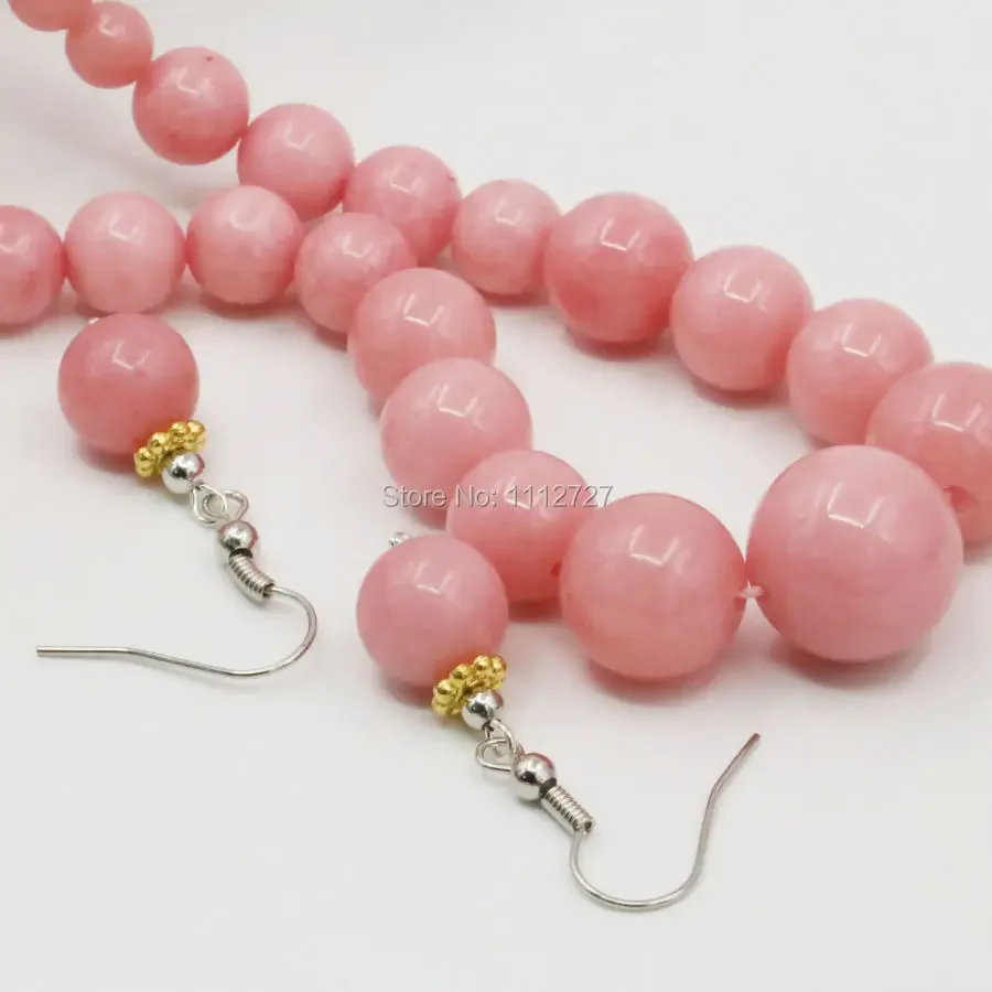 6-14mm Accessory Crafts Pink Lucky Stone Necklace Chain Earring Sets Round Beads Jewelry Party Wedding Gifts 18inch Part Fitting