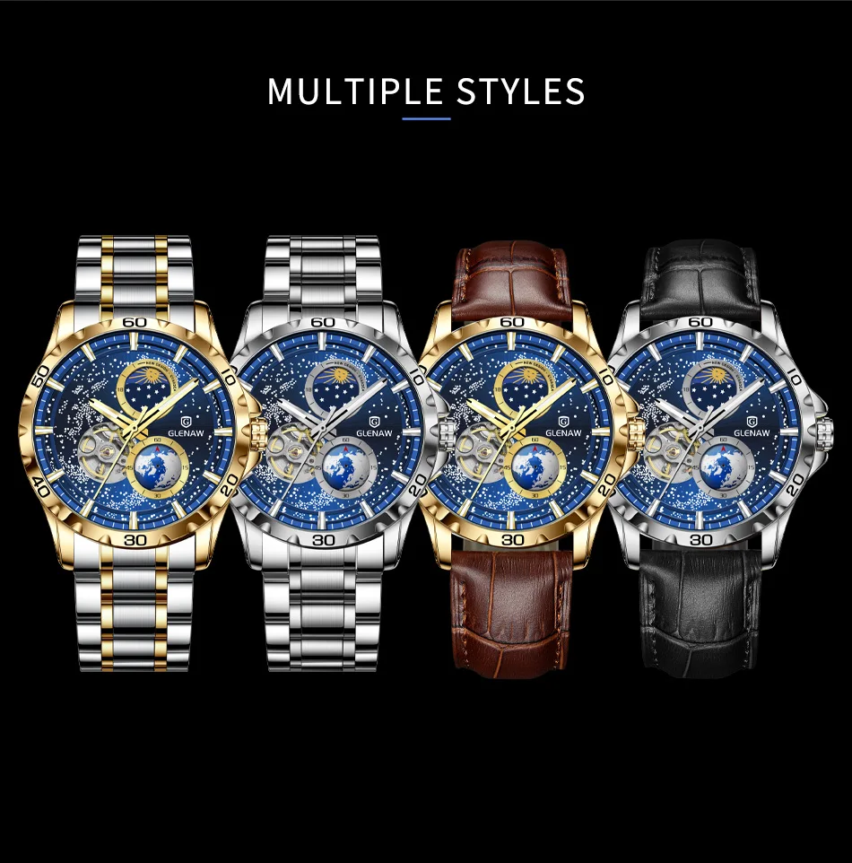 GLENAW Men\'s Leisure Timing Mechanical Wristwatch Moonlight Phase Waterproof Watch Tuo Flywheel Glow Stainless Steel Clock