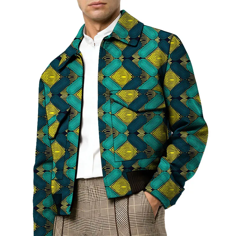 Men's Bomber Jacket African Couture Ethnic Style Turn down Collar Short Coat Nigerian Fashion Tailored Male Print Outfit